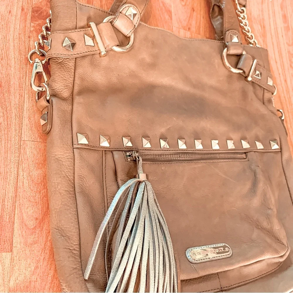 Cynthia Rowley Soft Tan Leather Crossbody Shoulder Purse Handbag Boho Studded